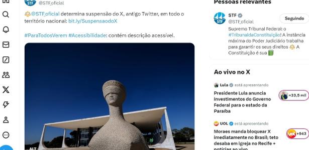 Antes da rede cair, STF postou no X ordem para bloqueio do site no Brasil