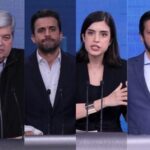 Candidatos à Prefeitura de São Paulo em debate do SBT News: da esquerda para a direita, Guilherme Boulos, José Luiz Datena, Pablo Marçal, Tabata Amaral, Ricardo Nunes e Marina Helena