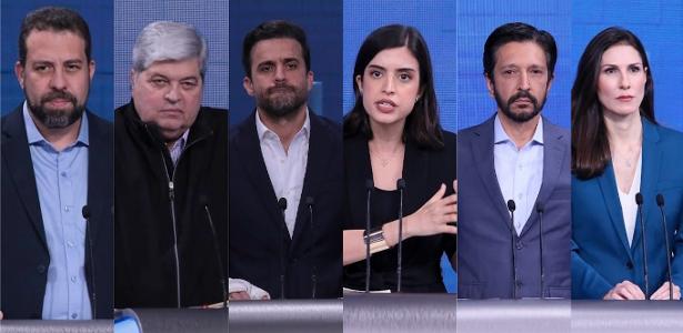 Candidatos à Prefeitura de São Paulo em debate do SBT News: da esquerda para a direita, Guilherme Boulos, José Luiz Datena, Pablo Marçal, Tabata Amaral, Ricardo Nunes e Marina Helena