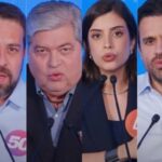 Candidatos à Prefeitura de São Paulo em debate do Flow, da esquerda para a direita: Ricardo Nunes, Guilherme Boulos, José Luiz Datena, Tabata Amaral, Pablo Marçal e Marina Helena