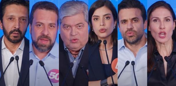 Candidatos à Prefeitura de São Paulo em debate do Flow, da esquerda para a direita: Ricardo Nunes, Guilherme Boulos, José Luiz Datena, Tabata Amaral, Pablo Marçal e Marina Helena