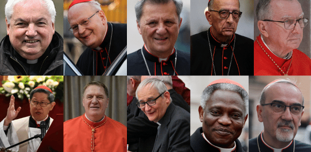 10 papáveis da esq. para a dir.: Jean-Marc Aveline; Péter Erd?; Mario Grech; Juan Jose Omella; Pietro Parolin; Luis Antonio Gokim Tagle; Joseph Tobin; Peter Kodwo Appiah Turkson; Matteo Maria Zuppi; e Pierbattista Pizzaballa