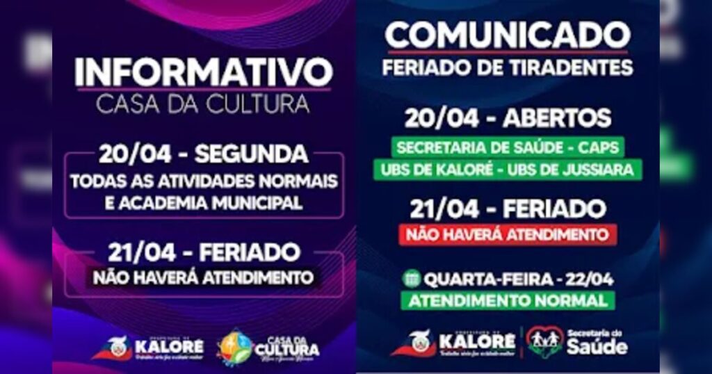 Confira o que abre e o que fecha em Kaloré durante o feriado de 21 de abril