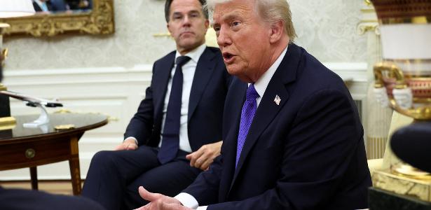 Trump fala ao lado do secretário-geral da Otan, Mark Rutte, no Salão Oval da Casa Branca