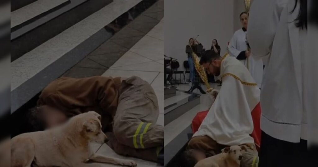 Padre abençoa homem que dormia com cachorro no chão de igreja no Paraná
