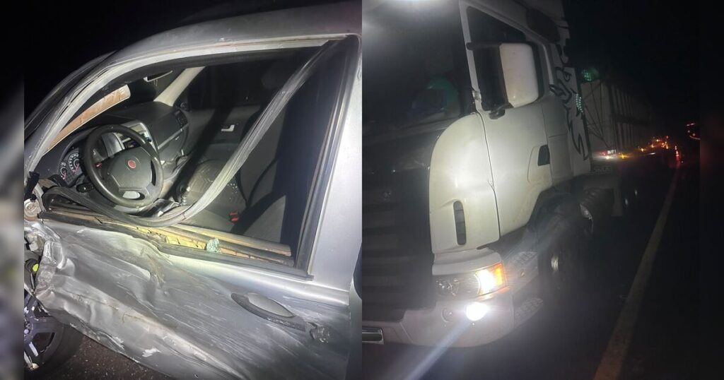 Acidente entre carreta e dois carros deixa motorista ferido na PR-090