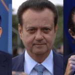 Flávio Bolsonaro (PL), Gilberto Kassab (PSD) e o ex-banqueiro Daniel Vorcaro