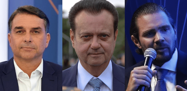 Flávio Bolsonaro (PL), Gilberto Kassab (PSD) e o ex-banqueiro Daniel Vorcaro