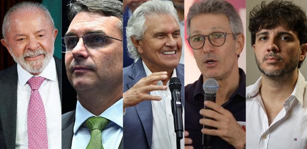 Lula (PT), Flávio Bolsonaro (PL), Ronaldo Caiado (PSD), Romeu Zema (Novo) e Renan Santos (Missão)
