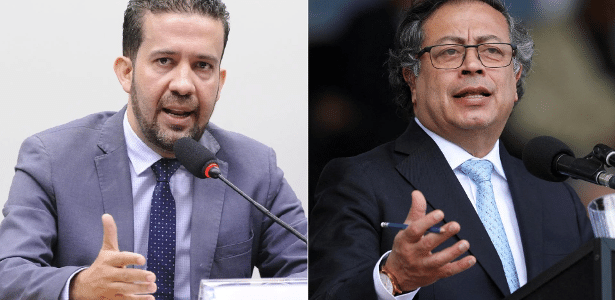 O deputado André Janones (Redde-MG), à esq., e o ex-presidente da Colômbia, Gustavo Petro, à dir.