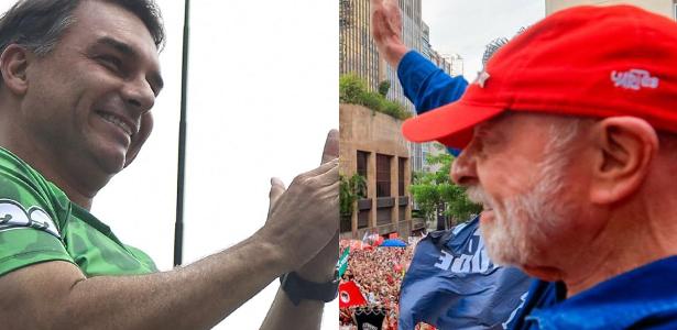 Flávio Bolsonaro (PL) e Lula (PT) durante atos na avenida Paulista